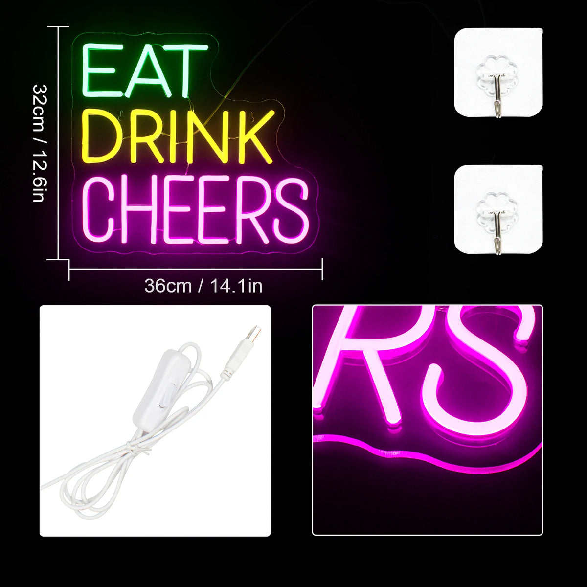 Eat Drink Cheers – LED-ljusskylt (5 V USB)