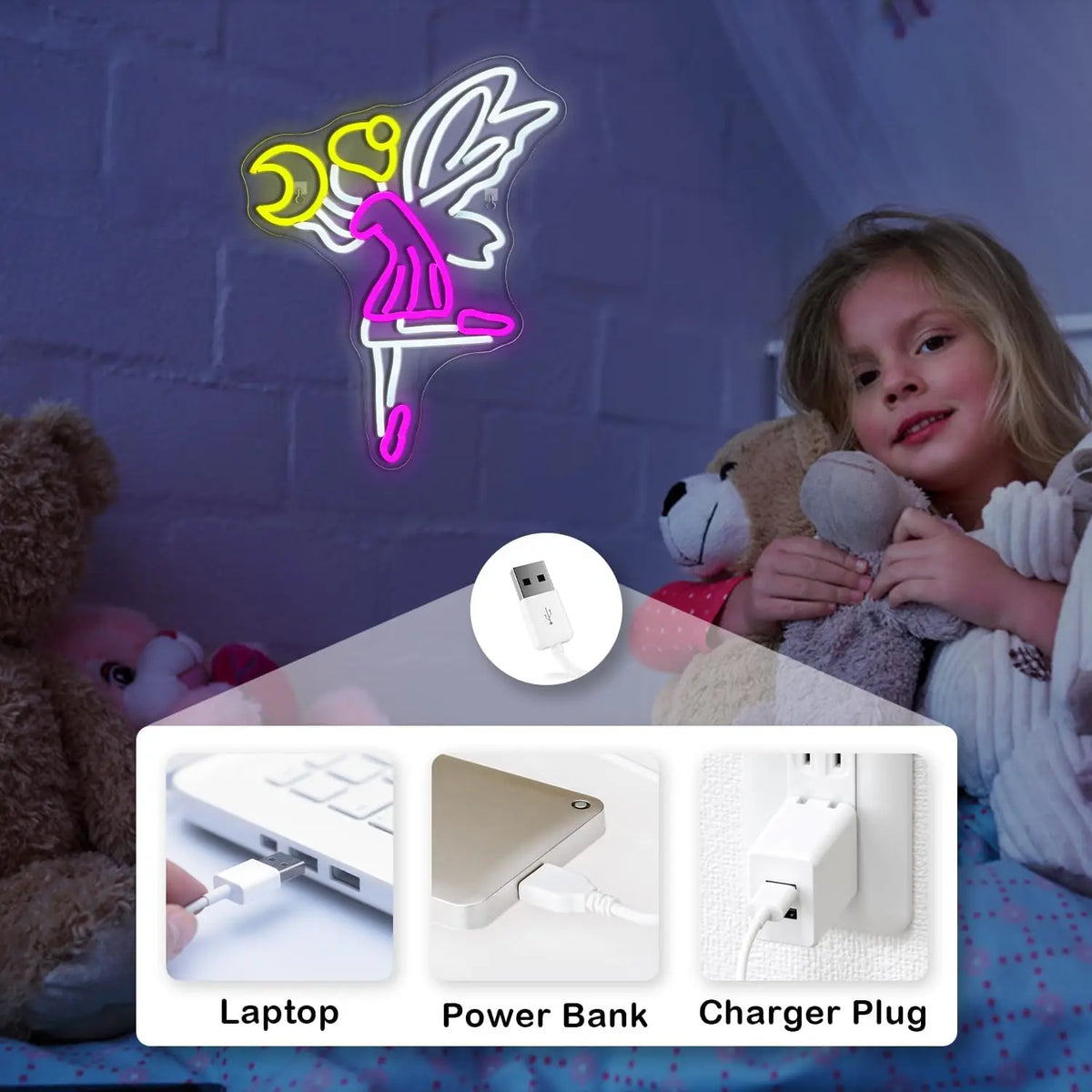 Flygande fe och måne – LED-neonskylt (5 V USB)