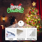 Merry Christmas – Gröna och röda bokstäver med horn – LED-neonskylt (5 V USB)