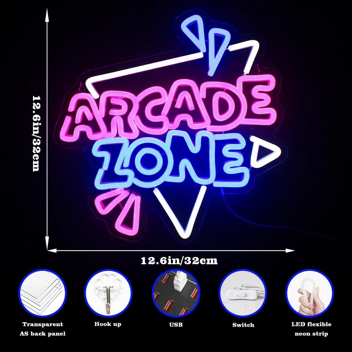 Arcade Zone – Triangelformad ram och strålar – LED-neonskylt (5 V USB)