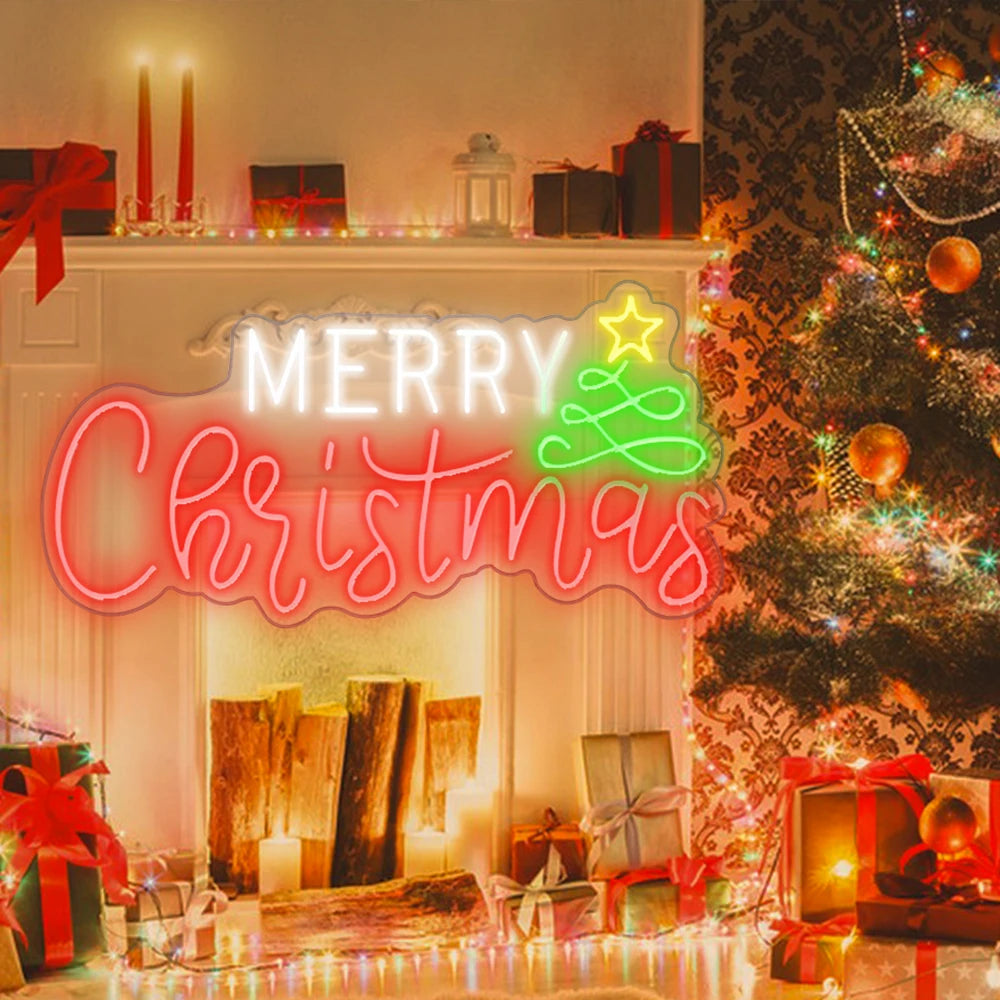Merry Christmas – Julgran och stjärna – LED-neonskylt (5 V USB)