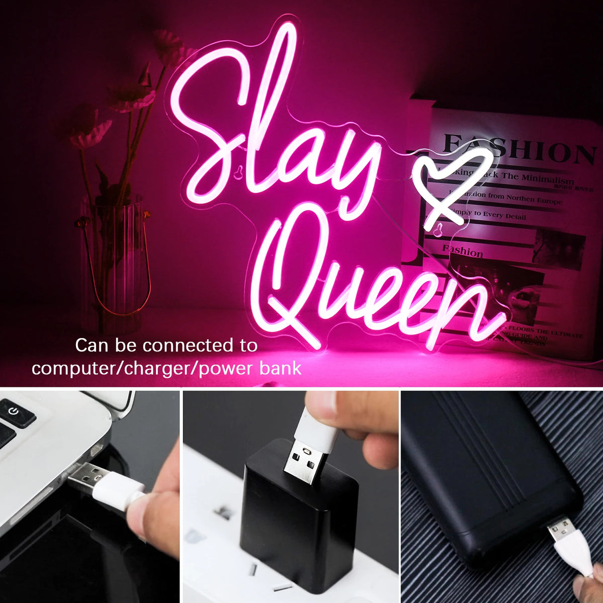 Slay Queen – Hjärta – LED-neonskylt (5 V USB)