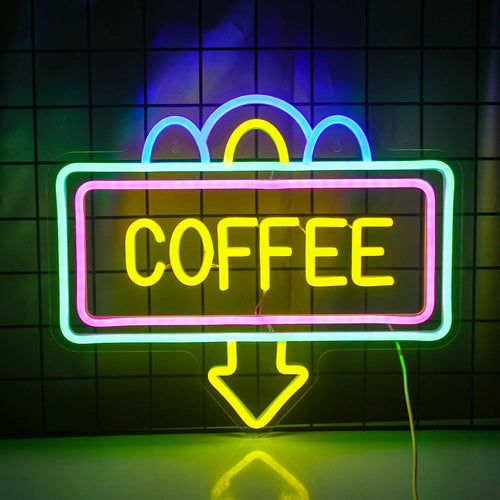Bilden har en elegant LED-neonskylt i form av en rykande kaffekopp.