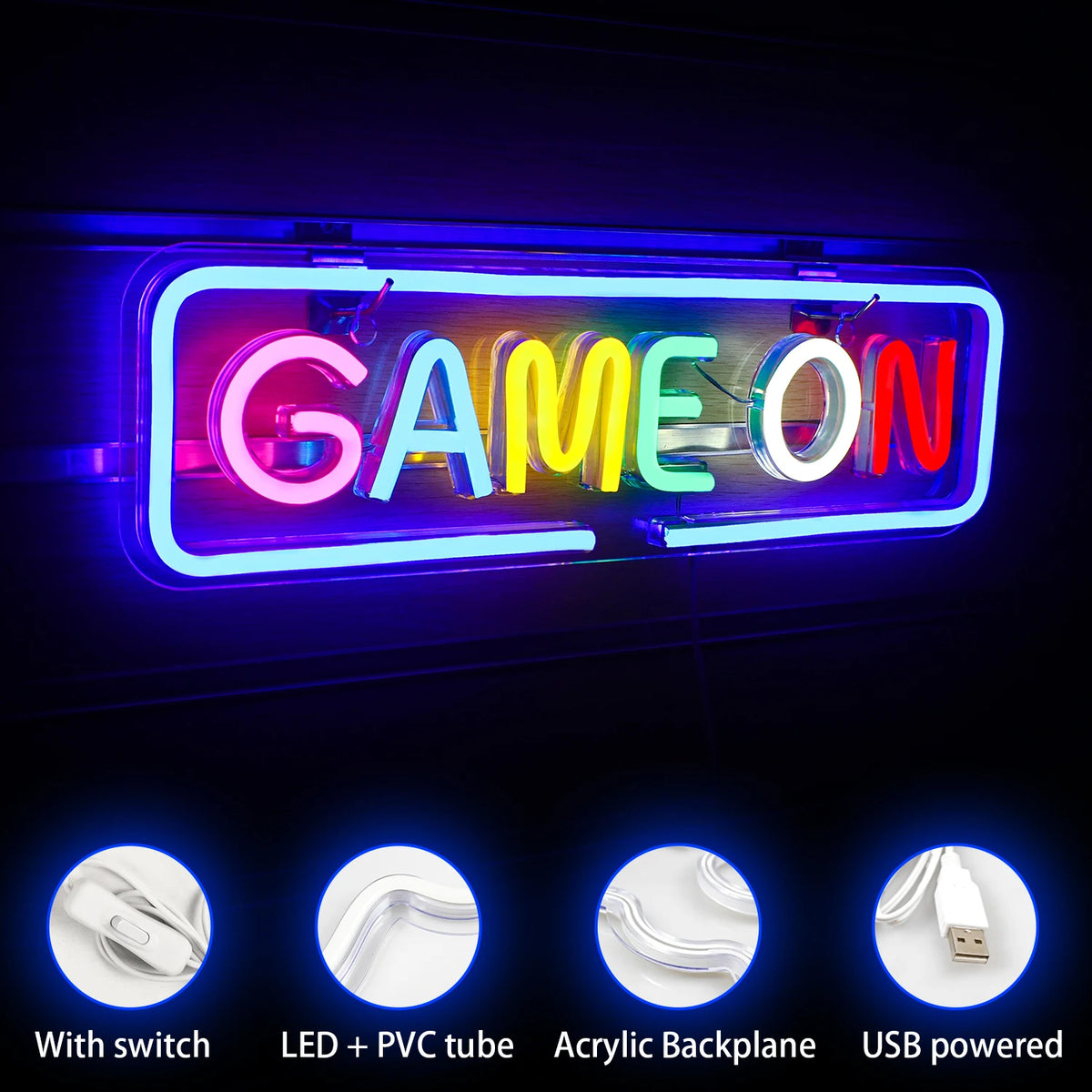GAME ON – Färgglada bokstäver och rundad rektangulär ram – LED-neonskylt (5 V USB)