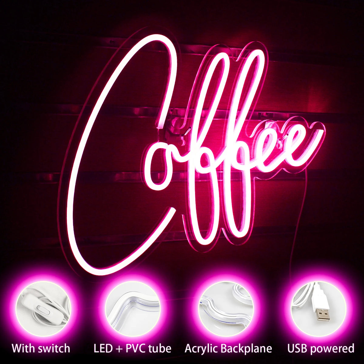 Coffee – Rosa – LED-ljusskylt (5 V USB)