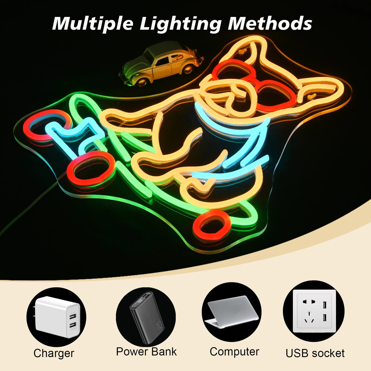 Hund på skateboard – LED-neonskylt (5 V USB)