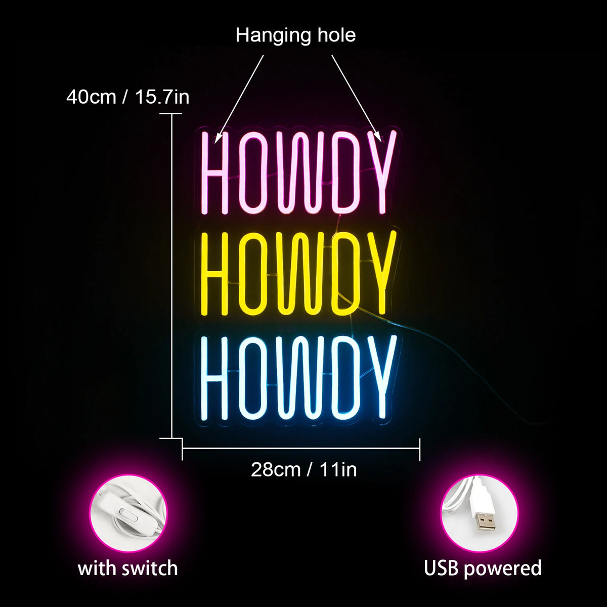 HOWDY HOWDY HOWDY – LED-neonskylt (5 V USB)