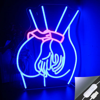 A vibrant LED neon sign depicting the silhouette of a woman's body.
