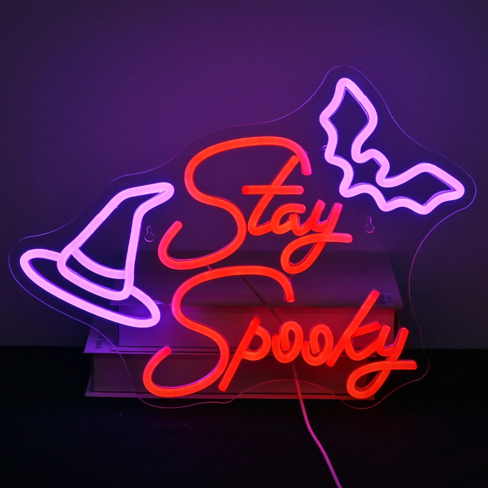 The image features a handcrafted LED neon sign displaying the words "Stay Spooky" in a playful, flowing script.