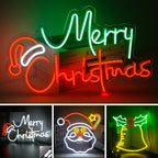 Bilden har en levande LED-neonskylt som visar orden "Merry Christmas" i ett klassiskt kursivt typsnitt.