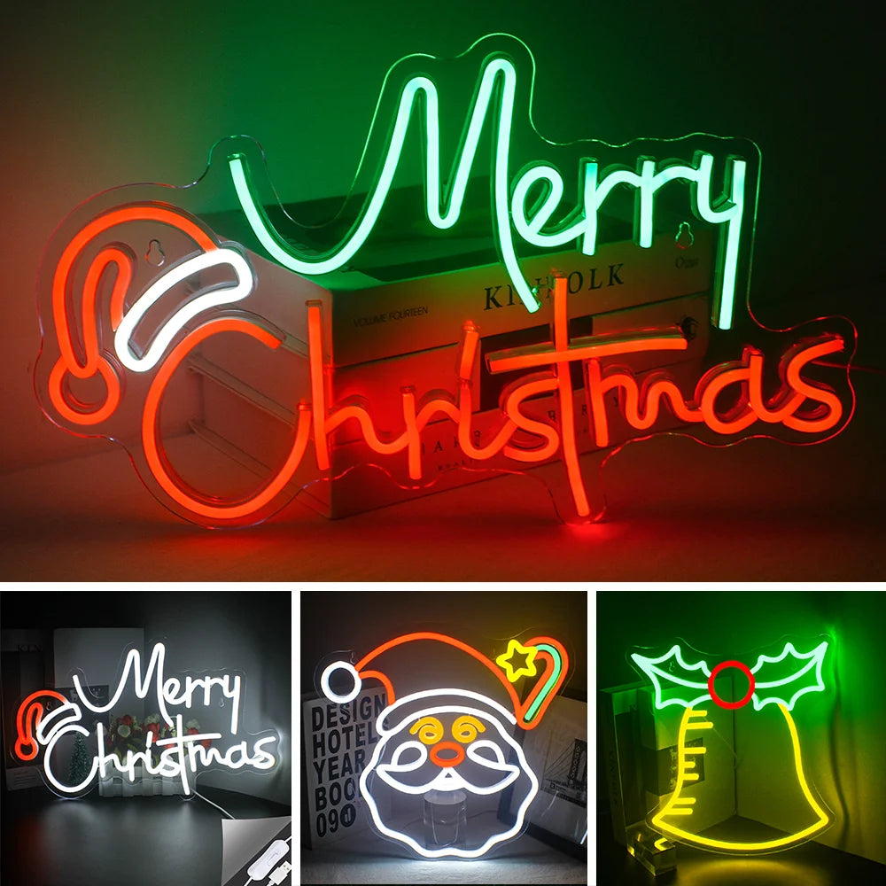 Bilden har en levande LED-neonskylt som visar orden "Merry Christmas" i ett klassiskt kursivt typsnitt.