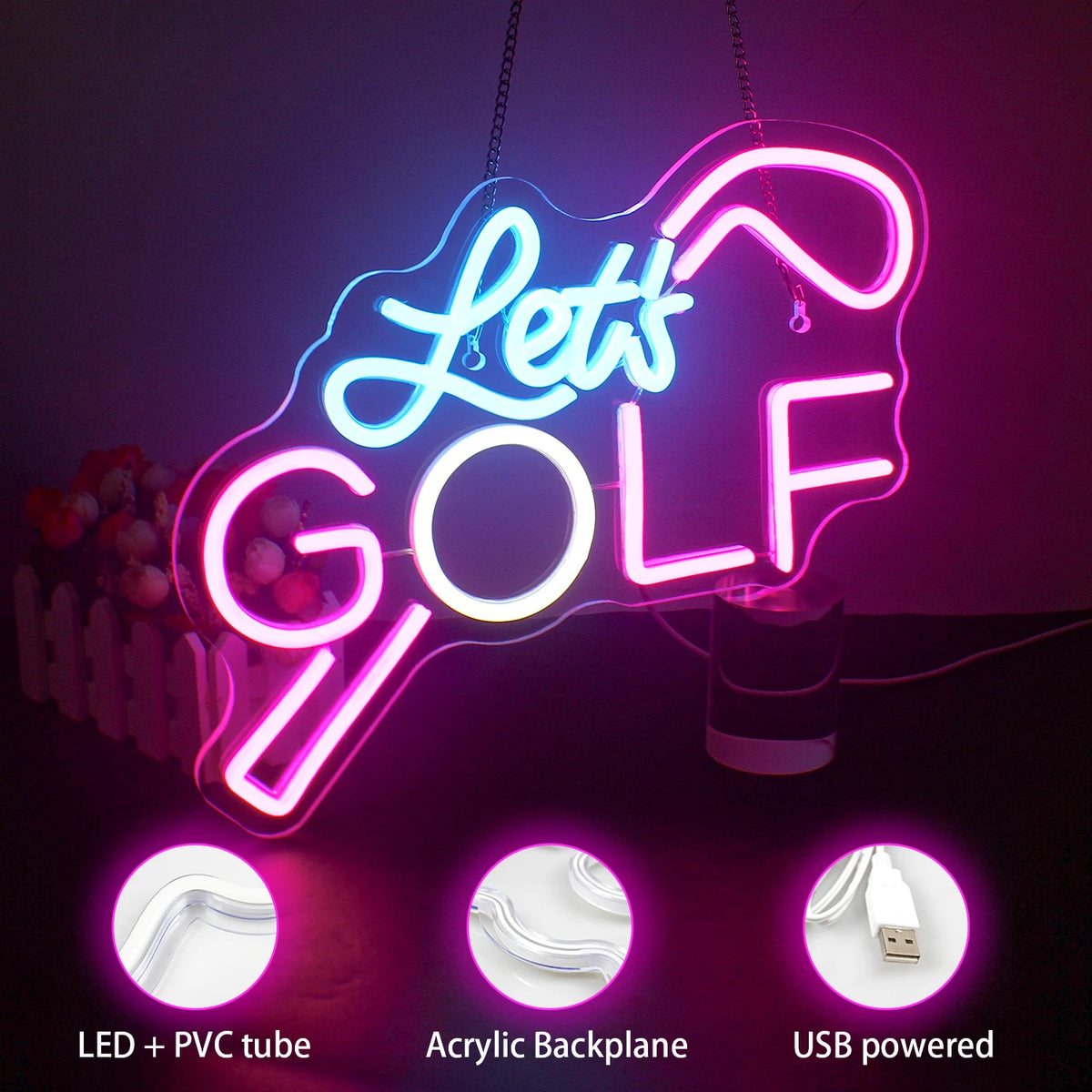 Let's GOLF – Golfklubba – LED-neonskylt (5 V USB)