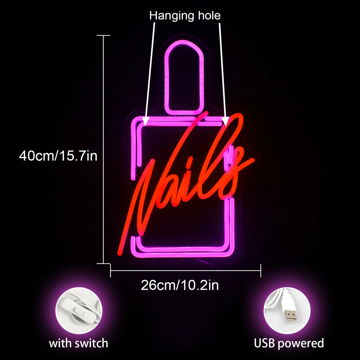 Nails – Nagellacksflaska – LED-ljusskylt (5 V USB)