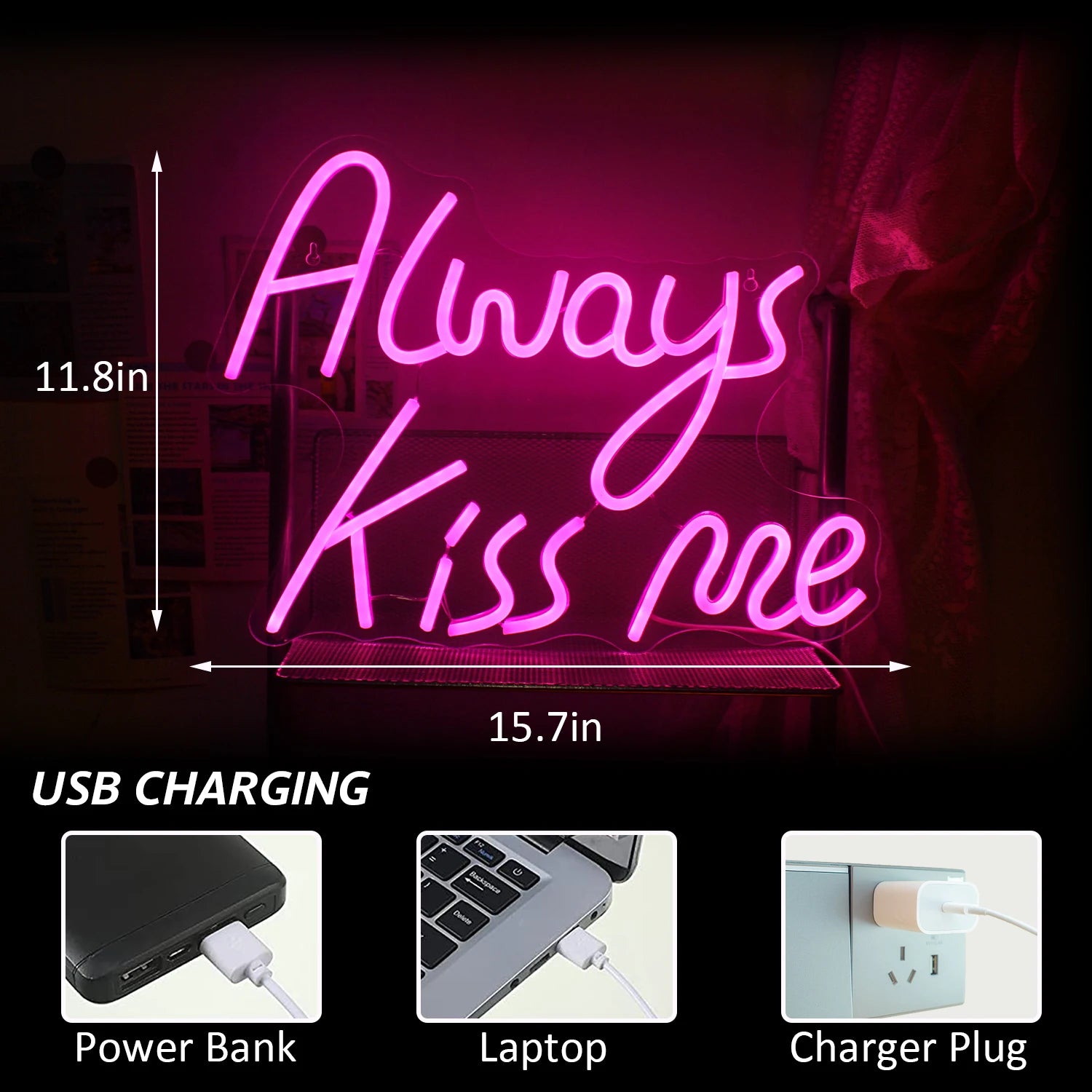 Alltid Kyss Mig Rosa 5V USB LED Ljusskylt - Prisvänlig