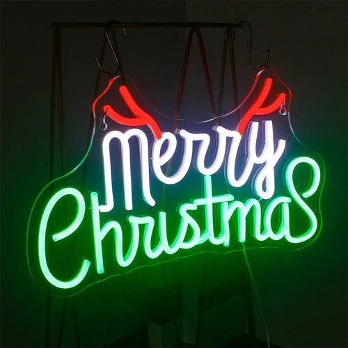 Merry Christmas – Gröna och röda bokstäver med horn – LED-neonskylt (5 V USB)