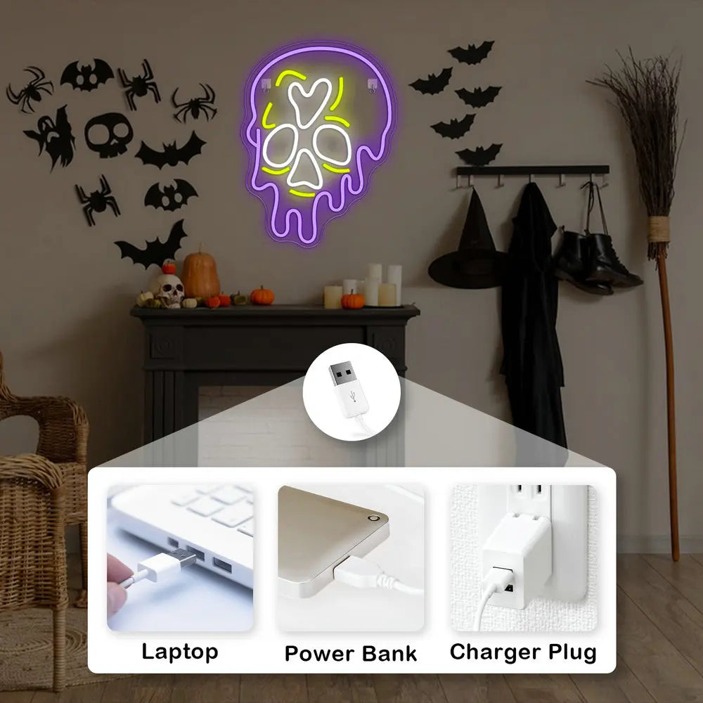 Lila droppande dödskalle – LED-neonskylt (5 V USB)