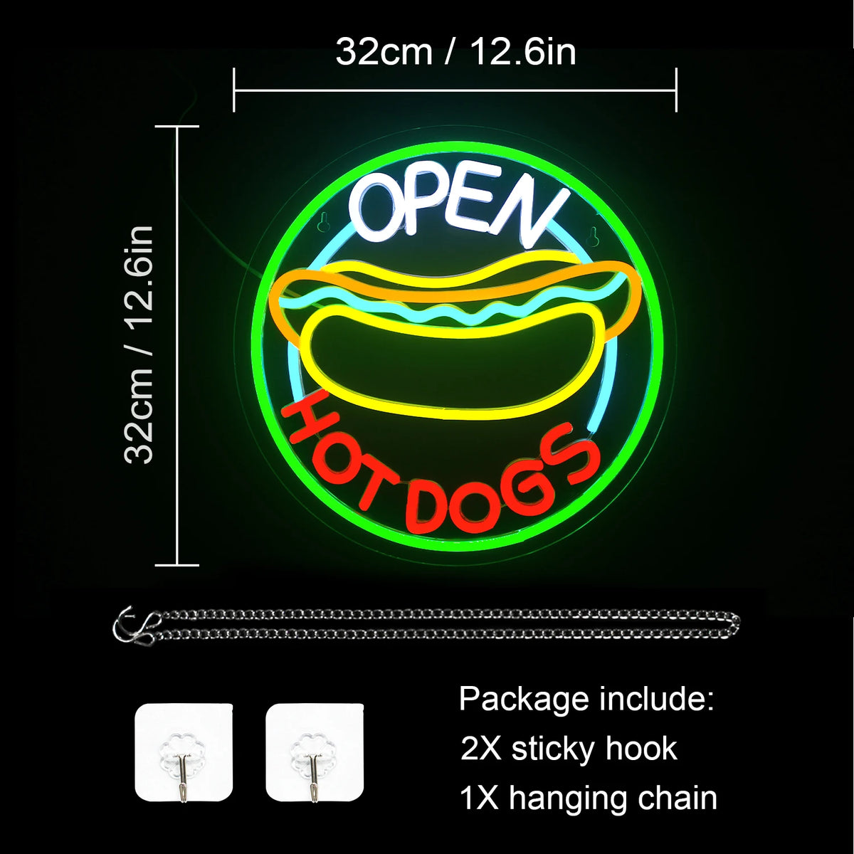 OPEN HOT DOGS – Varmkorv – LED-ljusskylt (5 V USB)