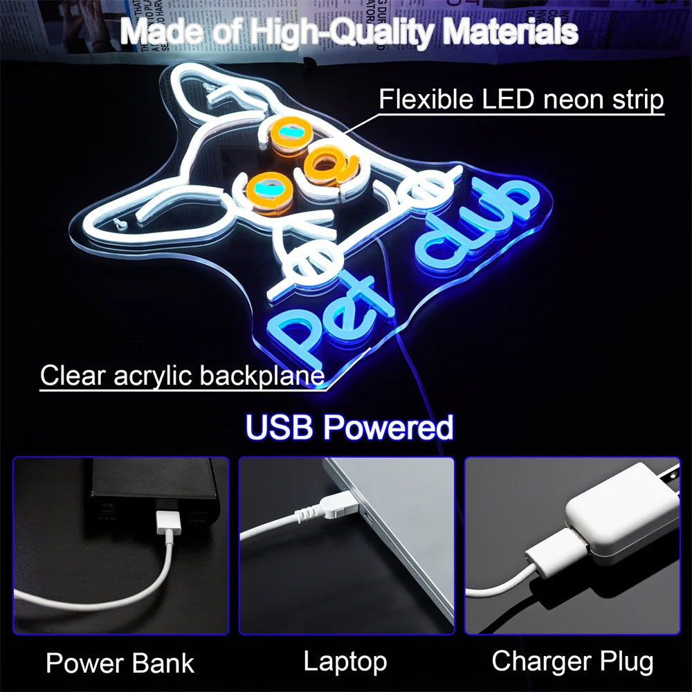 Pet Club – Hundansikte – LED-neonskylt (5 V USB)