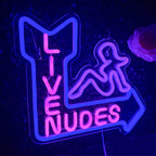 LIVE NUDES – Liggande kvinnosilhuett och pil – LED-neonskylt (5 V USB)