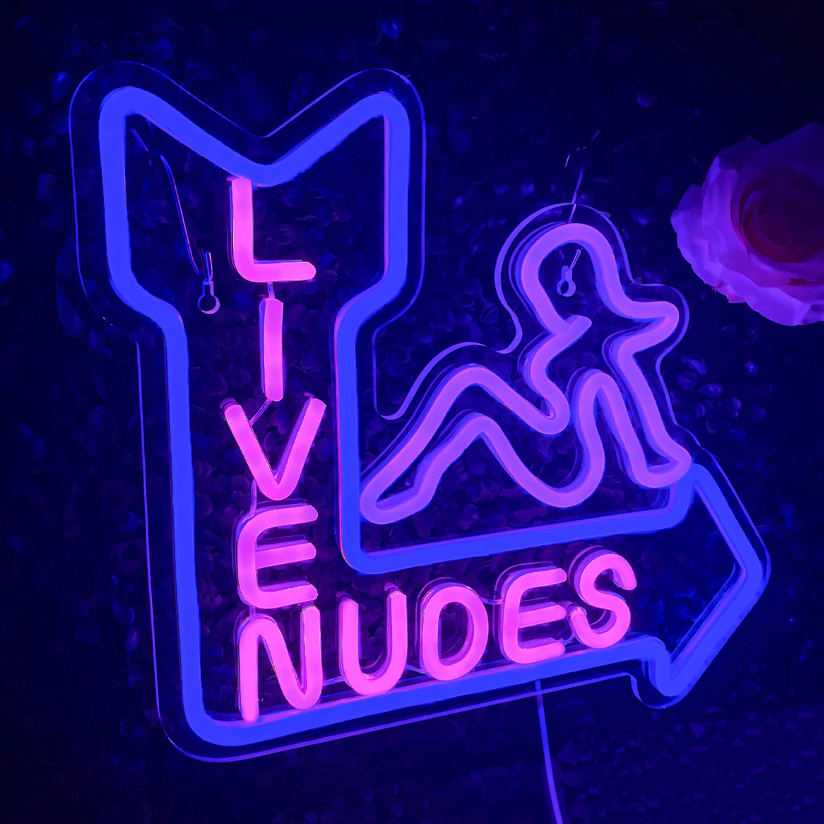 LIVE NUDES – Liggande kvinnosilhuett och pil – LED-neonskylt (5 V USB)