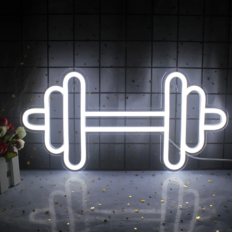 En levande LED-neonskylt formad som en skivstång, glödande i en slående kombination av ljusa färger.