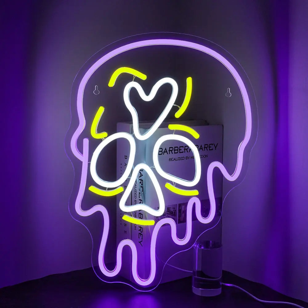 A vibrant LED neon sign in the shape of a skeleton.