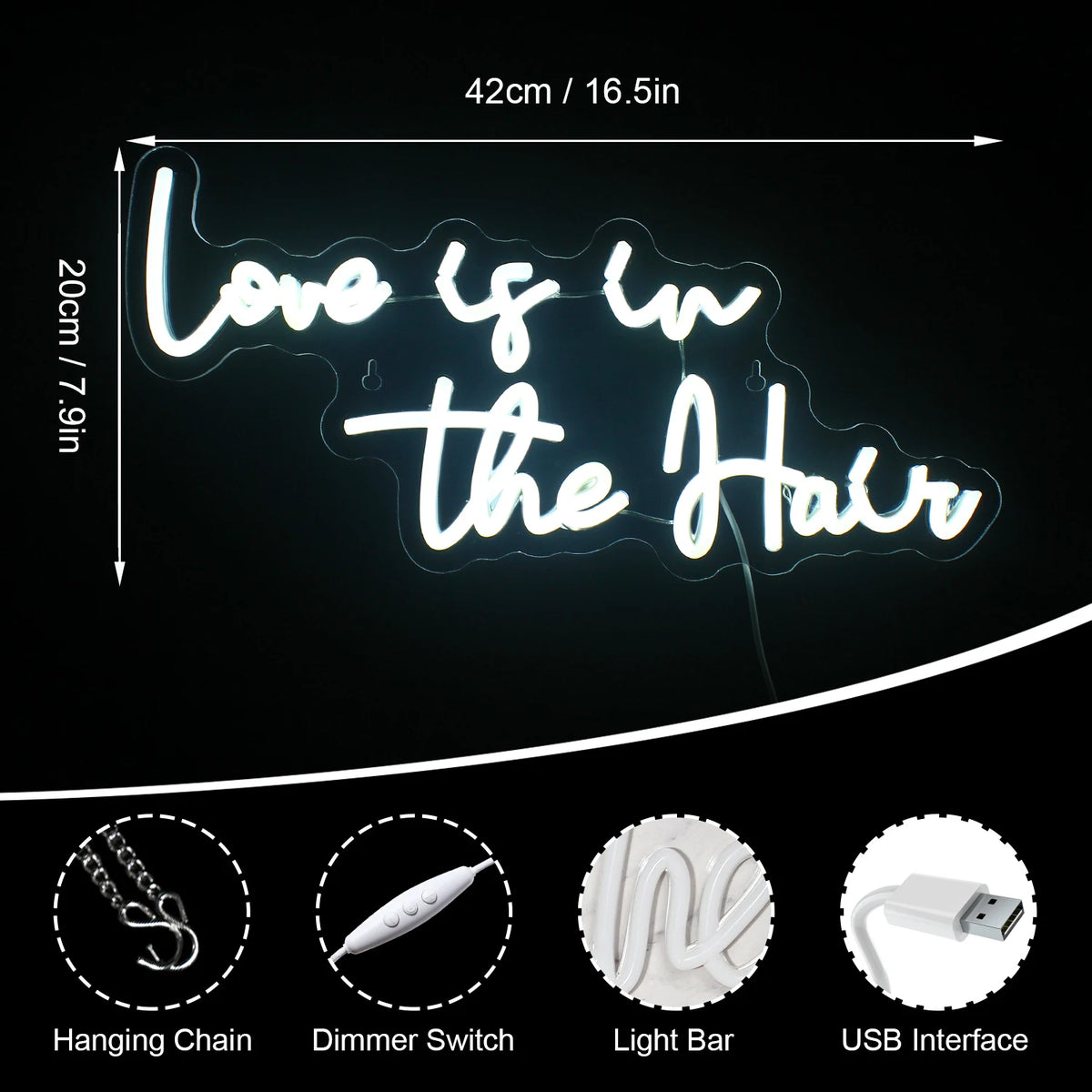 Love is in the Hair – LED-ljusskylt (5 V USB)