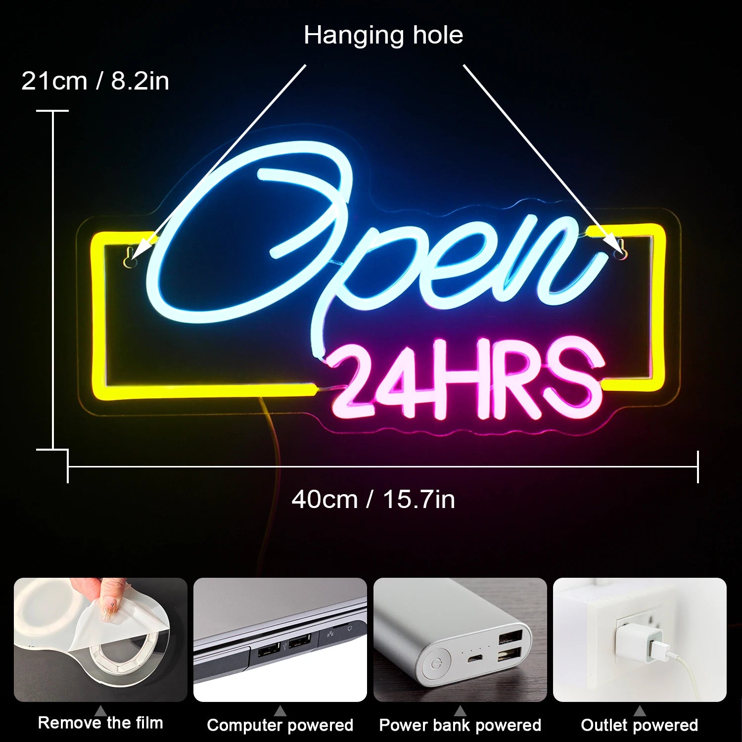 24HRS Öppet 5V USB Neonskylt - Prisvärd