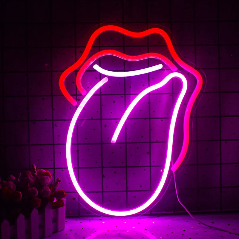 Image features a vibrant LED neon sign in the shape of a pair of alluring lips with a bold, playful design.
