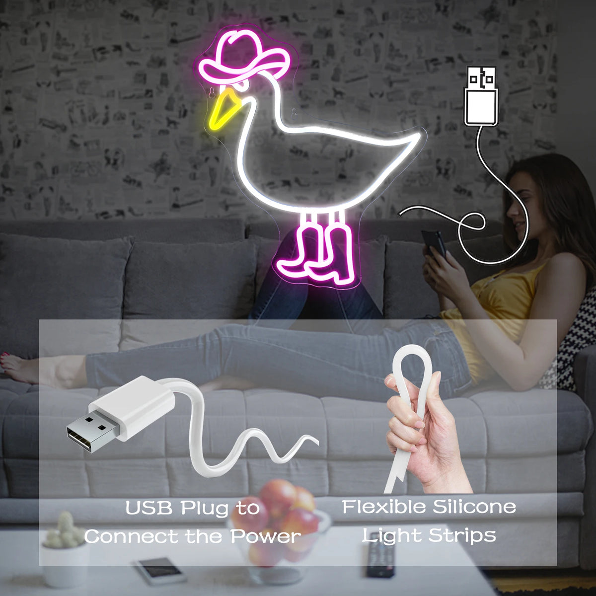 Rosavit cowboyanka – LED-neonskylt (5 V USB)