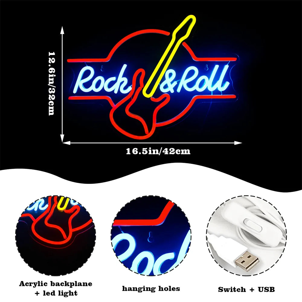 Guitar Rock and Roll 5V USB LED Ljusskylt - Prisvänlig