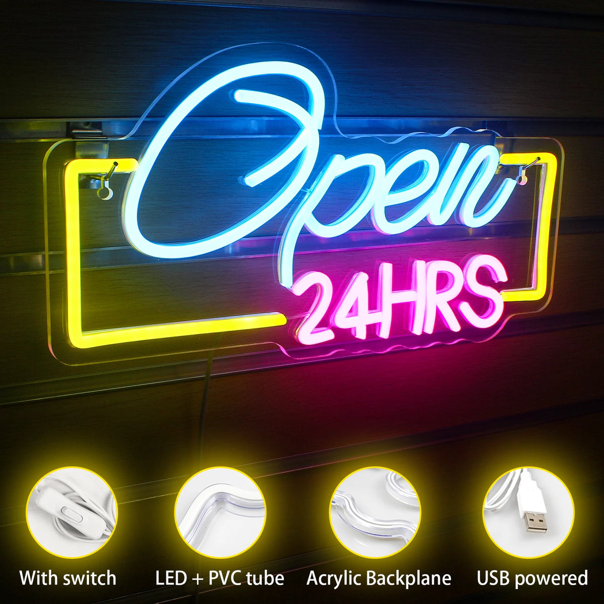 24HRS Öppet 5V USB Neonskylt - Prisvärd