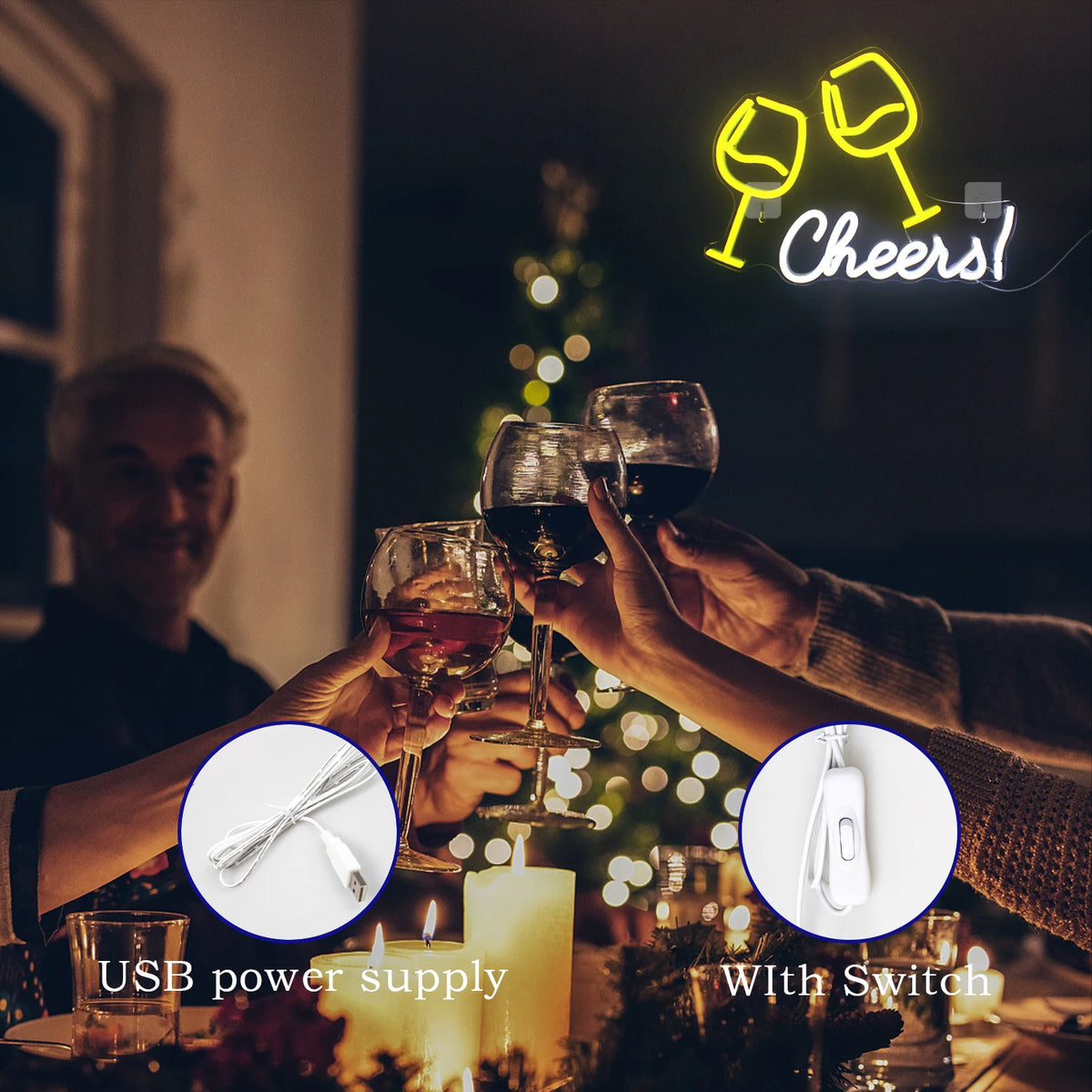 Cheers! – Skålande vinglas – LED-neonskylt (5 V USB)