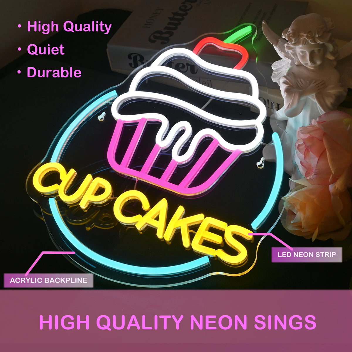 CUP CAKES – Cupcake med körsbär och rund ram – LED-ljusskylt (5 V USB)
