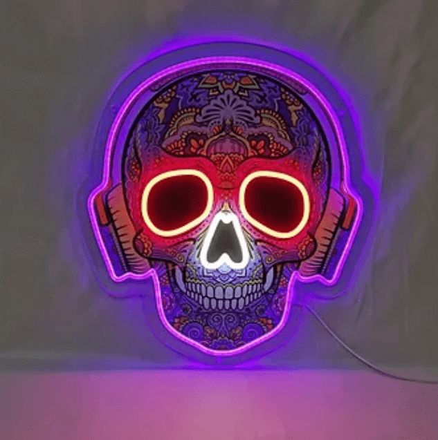 Skull With Headphones UV Print LED Neon Sign - The Art Neon