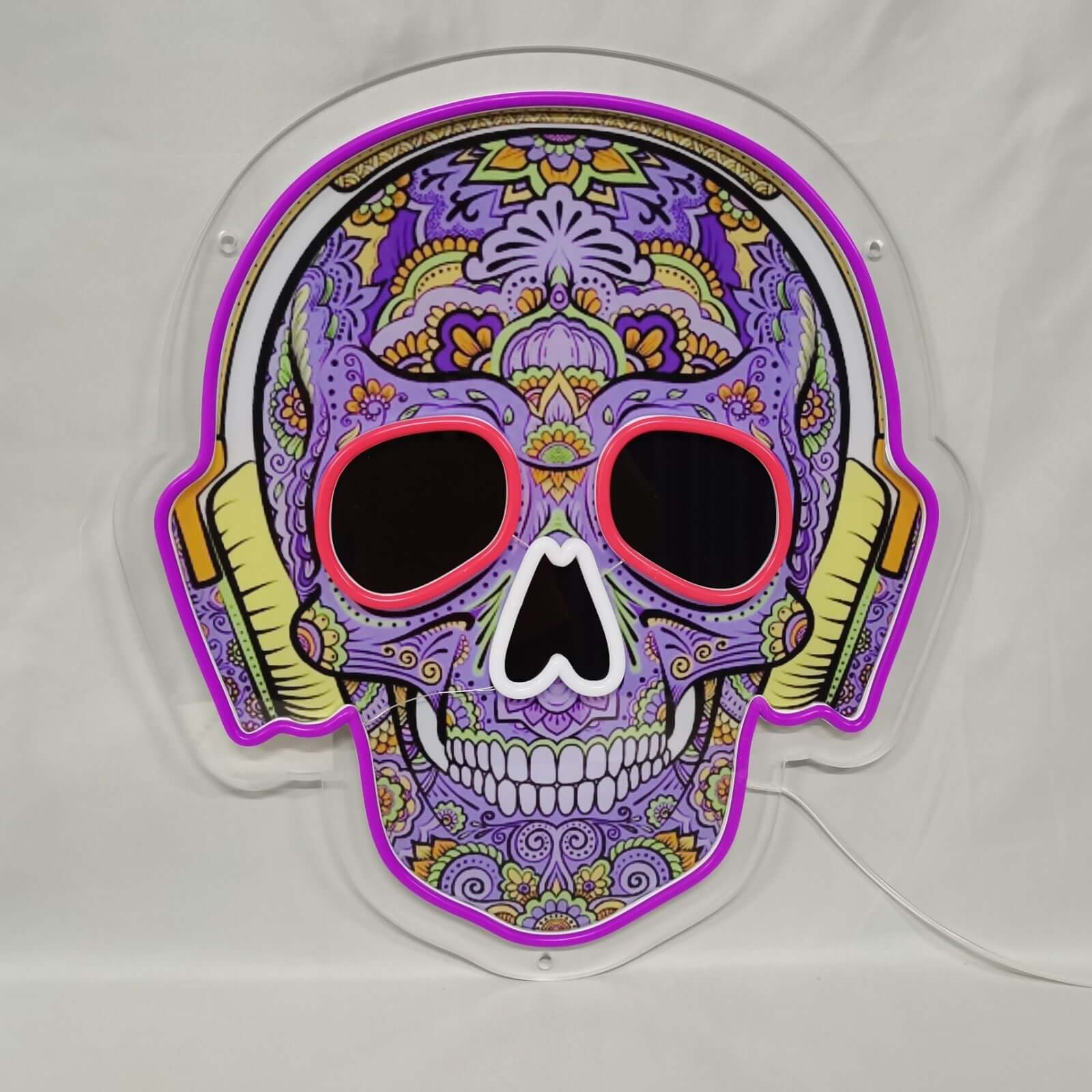 Skull With Headphones UV Print LED Neon Sign - The Art Neon