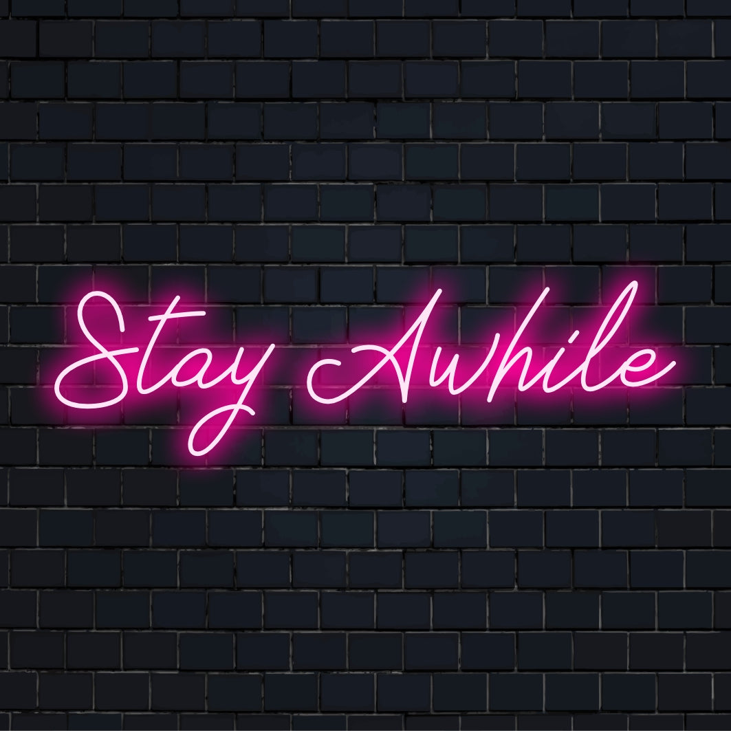 Stanna en stund i glödande vit LED neon script; mångsidig skylt för heminredning eller butik, utstrålar värme och gästfrihet.