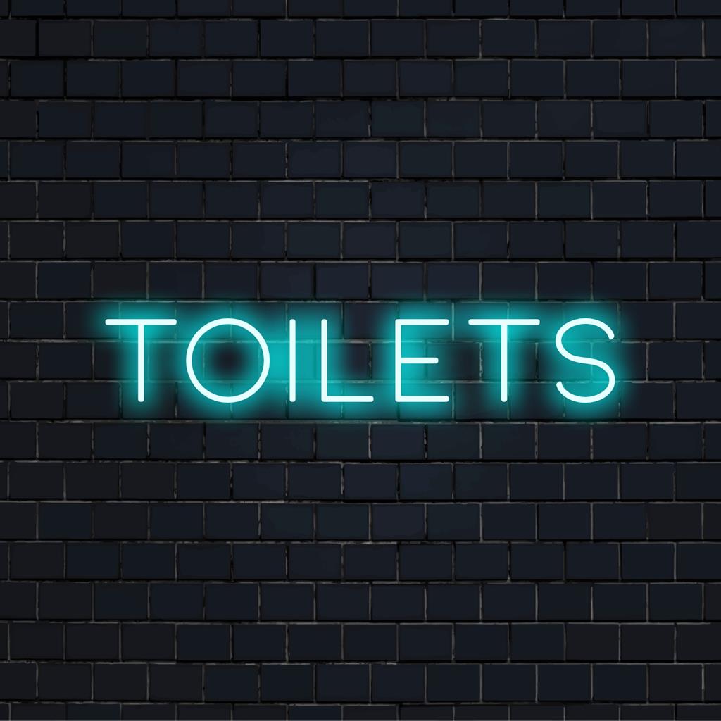 Custom LED neon sign with the word Toilets in a bright, stylish font; ideal as unique neon decor.