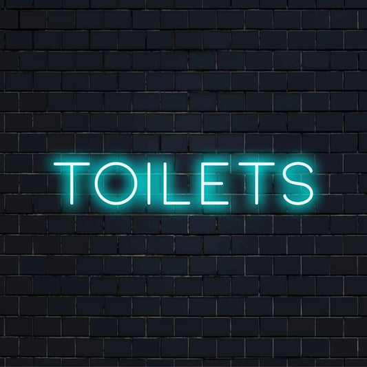 Custom LED neon sign with the word Toilets in a bright, stylish font; ideal as unique neon decor.