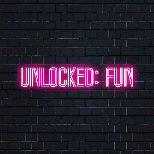 Färgglada LED-neonskyltar som läser Unlocked Fun, fångar levande energi, perfekt för unik väggkonst och ljus heminredning.