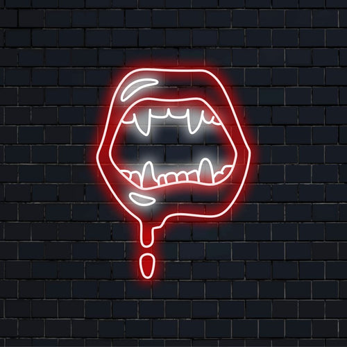 "Vampire Lips Neon Sign" med en kvav glöd som skapar en spännande atmosfär av förförelse och mystik.