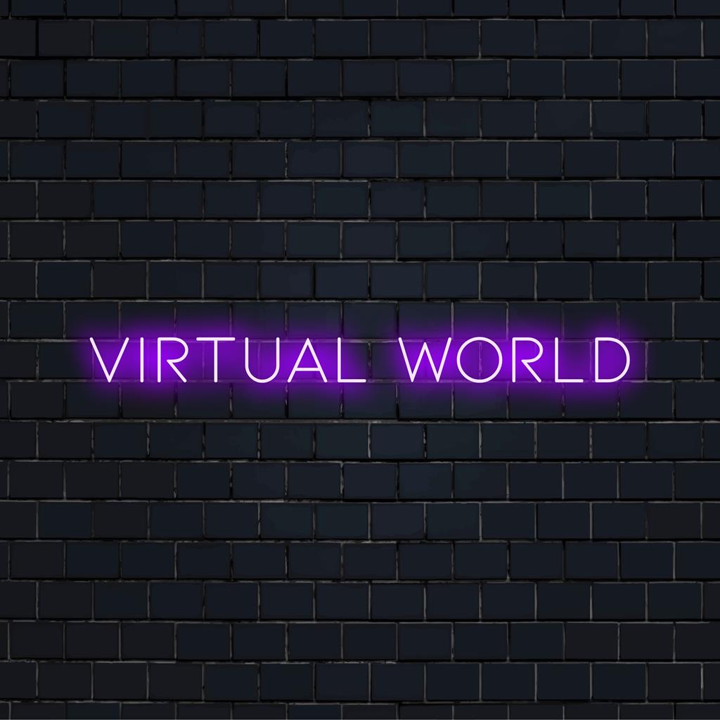 Anpassad LED-neonskylt med titeln Virtual World, som visar upp ett spännande neonkonstverk. Idealisk för inredning eller personliga dekoraccenter.