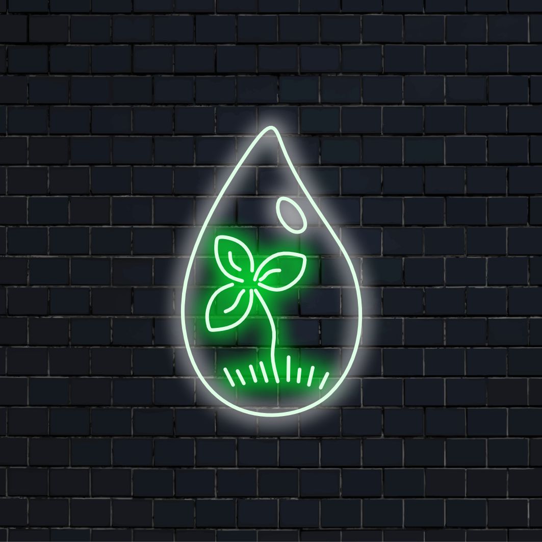 "Vattendroppe och grodd med blad Neon Sign" är ett naturinspirerat och uppfriskande tillskott till din inredning. Ett neonljus som fångar essensen av tillväxt och vitalitet.