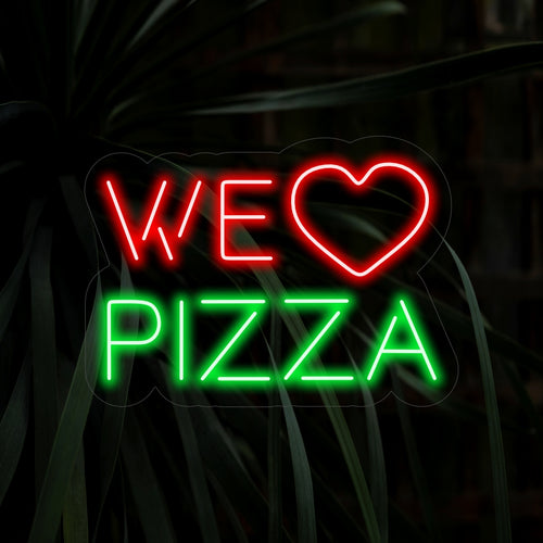 "We Love Pizza Neon Sign" lyser starkt med ett varmt och inbjudande sken och förklarar kärlek till pizza.