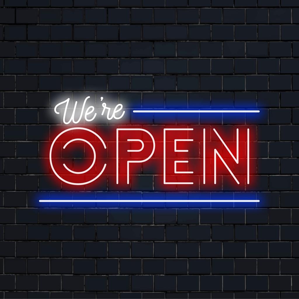 Anpassningsbar We're Open LED neonskylt; idealisk för välkomnande displayer. Neonljusdekor för att lysa upp alla affärsutrymmen.