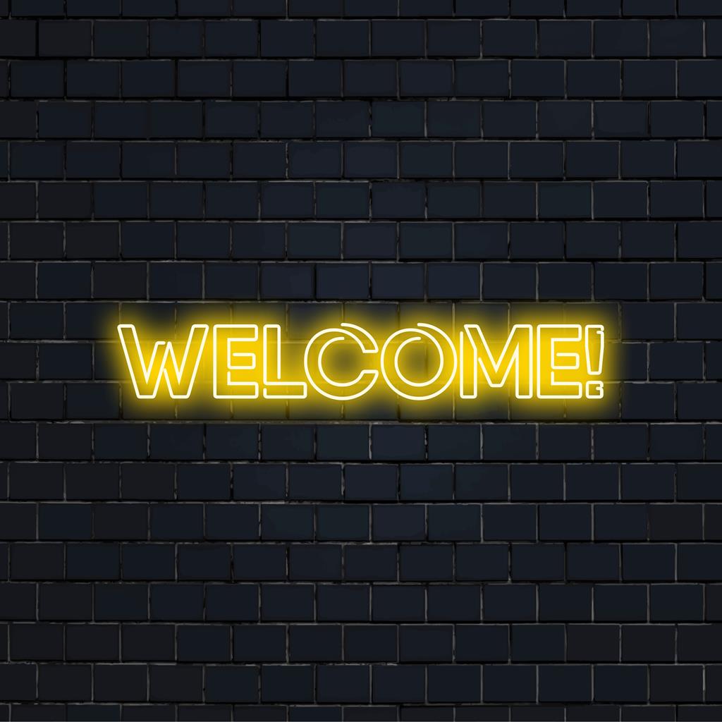 Färgglad och inbjudande anpassad LED neonskylt med Välkommen! text, perfekt för att lägga till en personlig glöd till alla utrymmen.