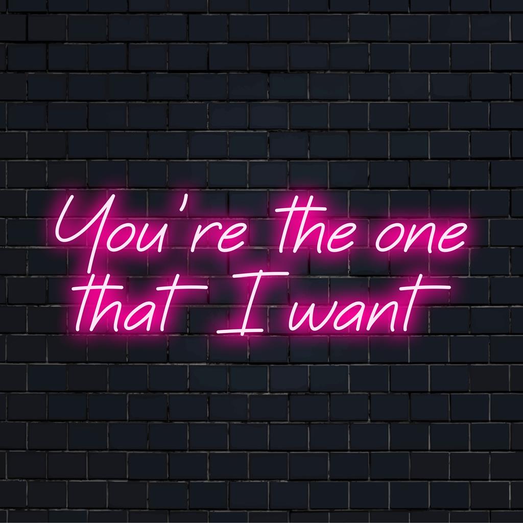 Custom made LED neon sign showcasing You're The One That I Want in elegant script, ideal for personalized neon decor.