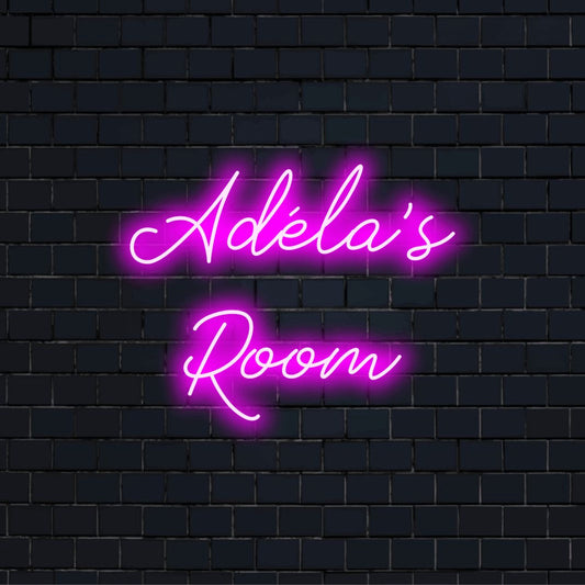 Adela_s Room Custom Name Neon Sign, soft neon glow on dark brick background