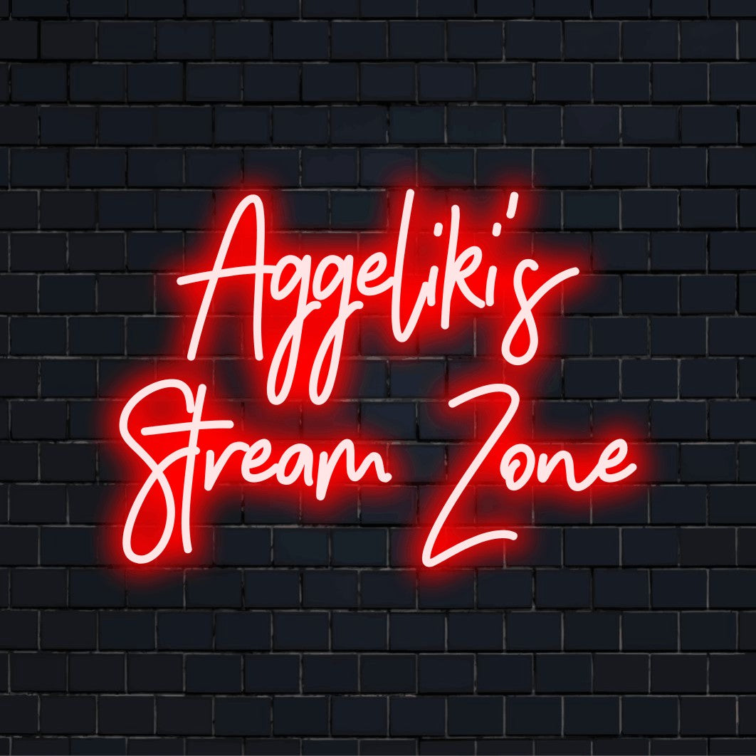 Aggeliki_s Stream Zone Personalized LED Neon Sign, neon text light on dark brick wall