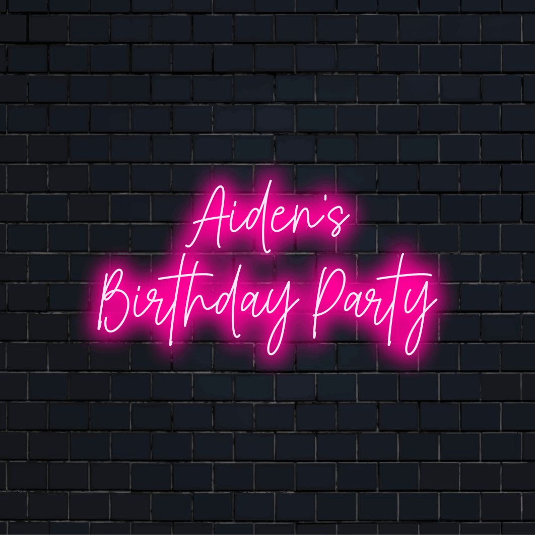 Aiden_s Birthday Party Custom Name Neon Sign, bright LED glow on black brick background